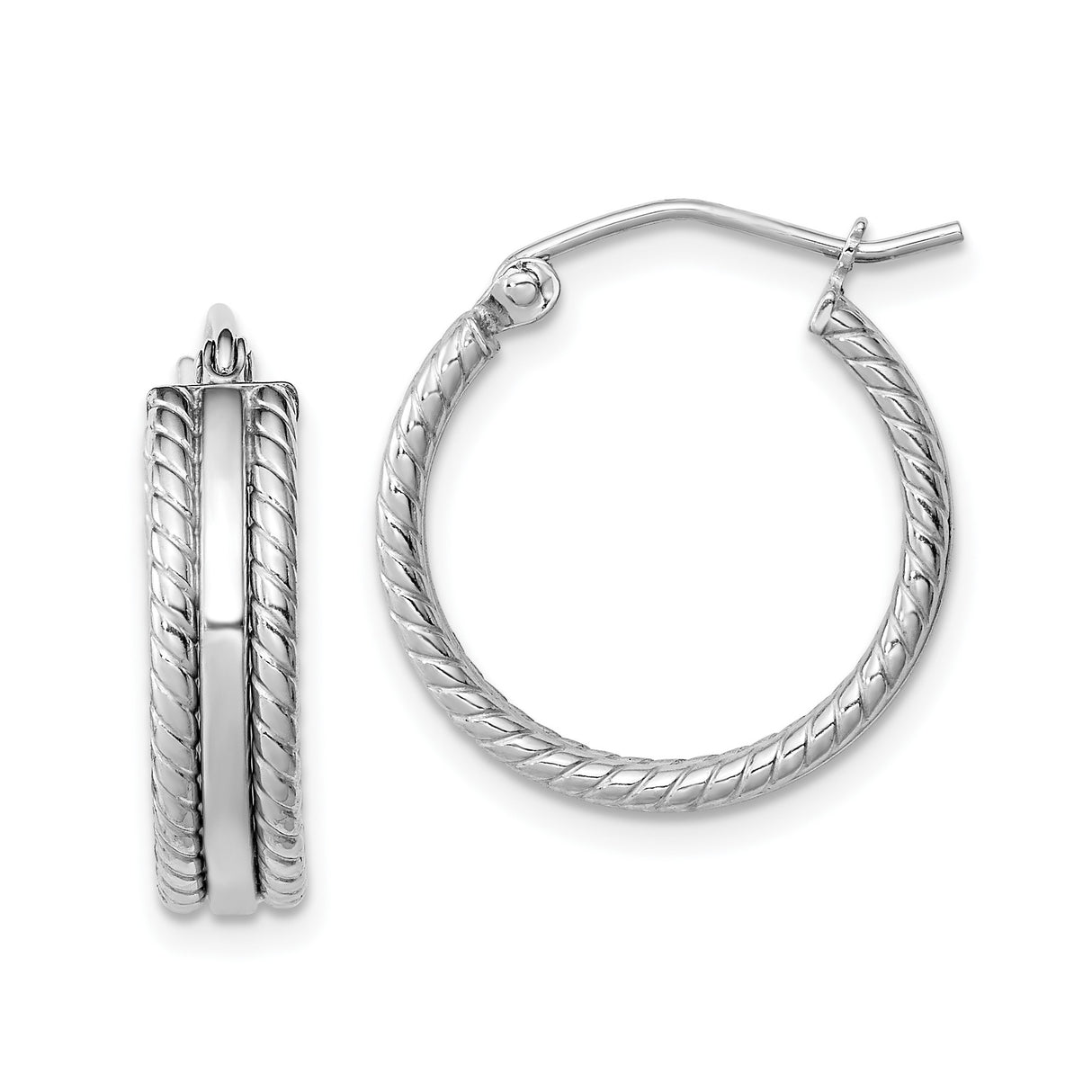 Sterling Silver Hoop Earrings with Twisted Rope Design and Polished Center Band