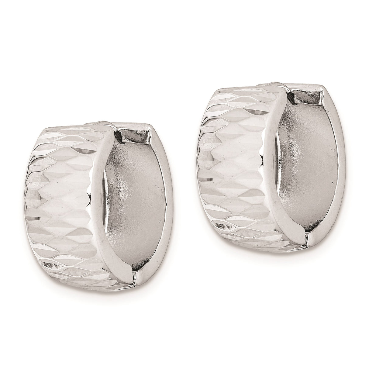 Sterling Silver Hoop Earrings with Wide Diamond Cut Textured Design and Polished Finish