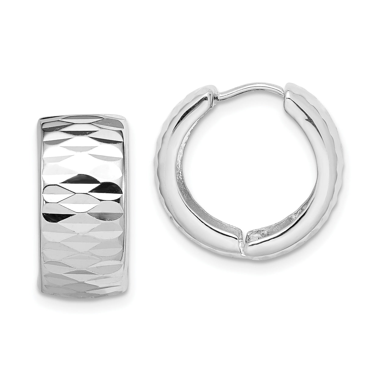 Sterling Silver Hoop Earrings with Wide Diamond Cut Textured Design and Polished Finish