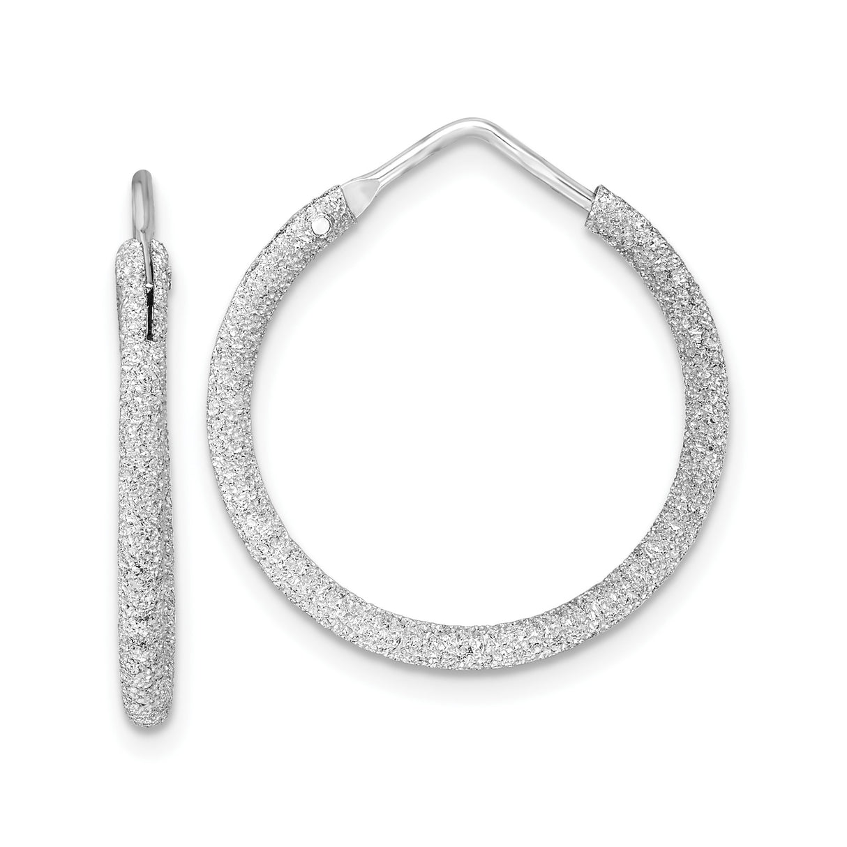 Sterling Silver Hoop Earrings, Glitter Finish Textured Round Hoops with Latch Back Closure