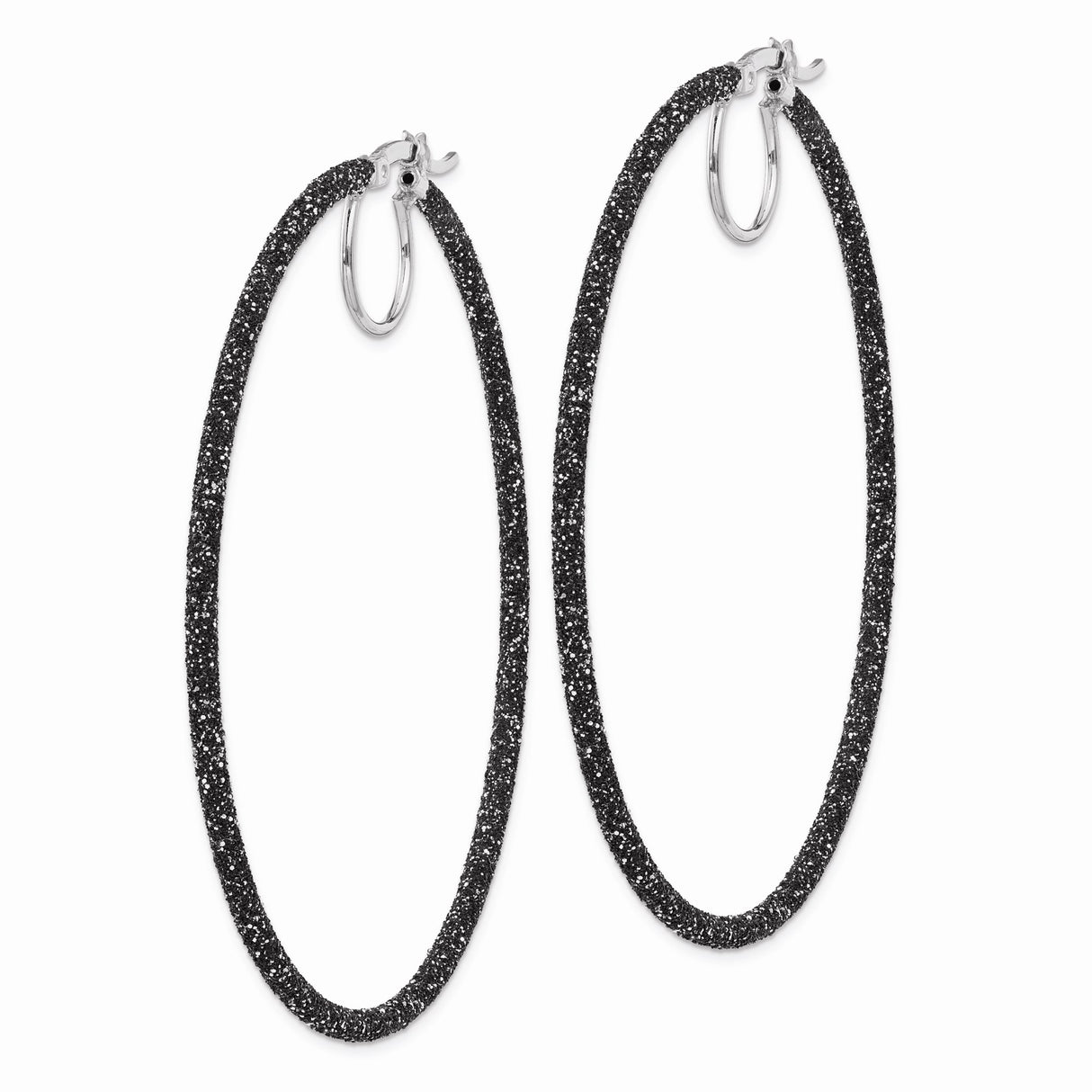 Sterling Silver Hoop Earrings with Black Textured Glitter Finish, Medium Size Minimalist Style