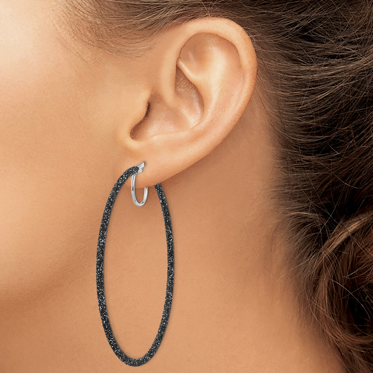 Sterling Silver Hoop Earrings with Black Textured Glitter Finish, Medium Size Minimalist Style