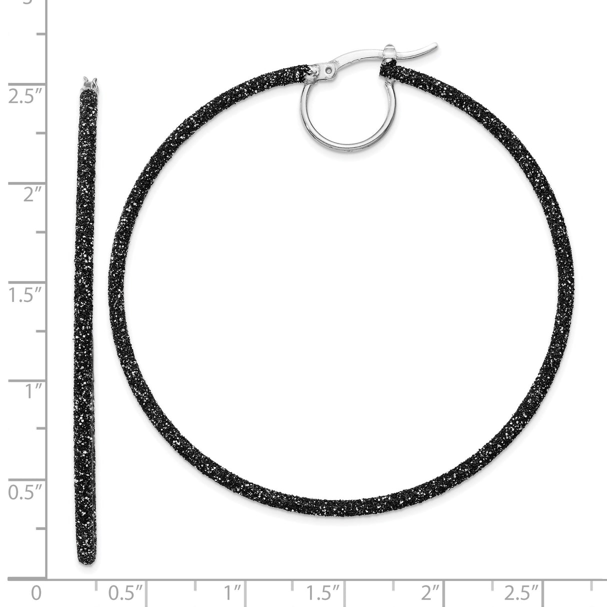 Sterling Silver Hoop Earrings with Black Textured Glitter Finish, Medium Size Minimalist Style