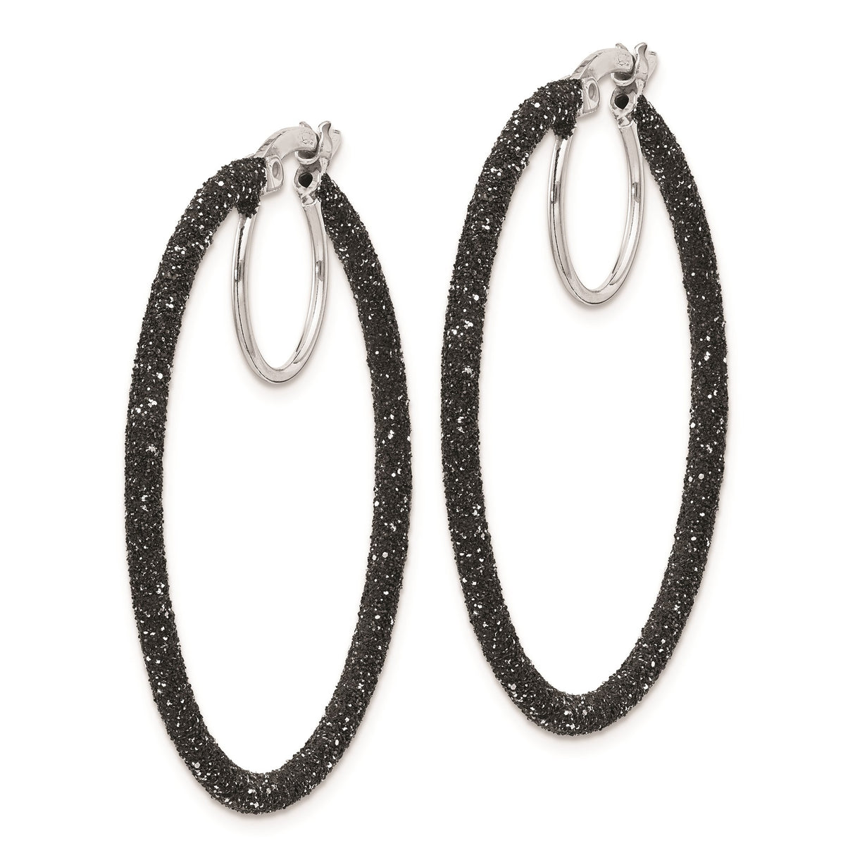 Sterling Silver Hoop Earrings with Black Glitter, Round Latch-Back, Textured Evening Style