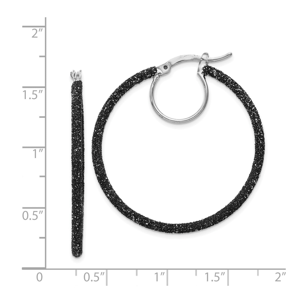 Sterling Silver Hoop Earrings with Black Glitter, Round Latch-Back, Textured Evening Style