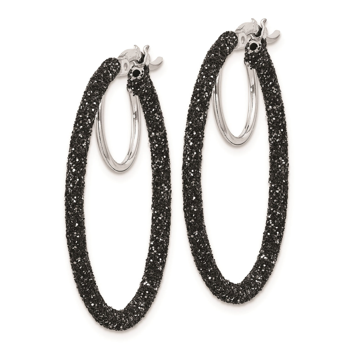 Sterling Silver Hoop Earrings with Black Glitter Tubing Design, Sparkling Finish