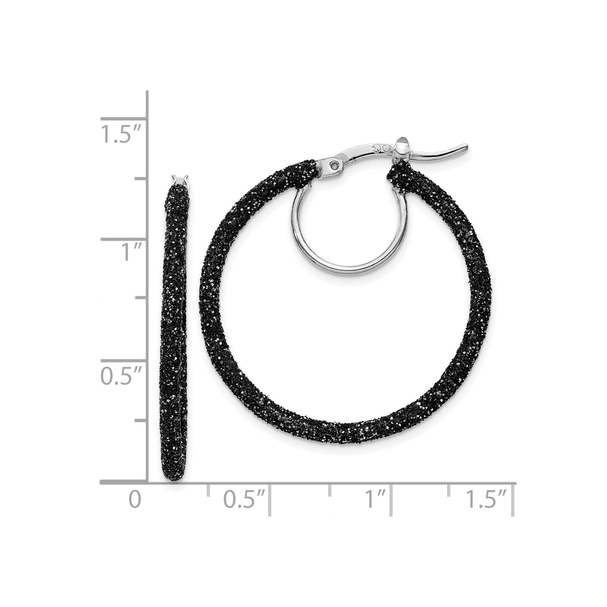 Sterling Silver Hoop Earrings with Black Glitter Tubing Design, Sparkling Finish