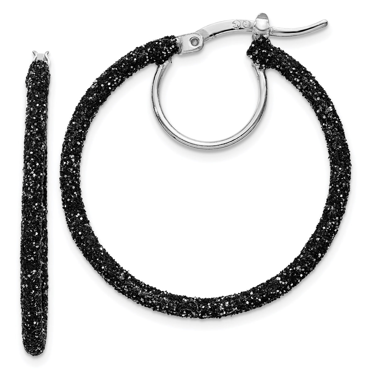 Sterling Silver Hoop Earrings with Black Glitter Tubing Design, Sparkling Finish
