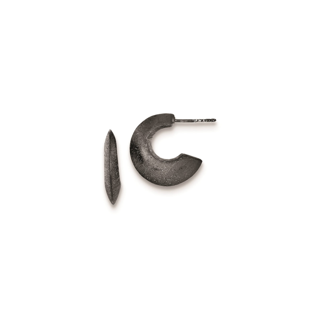 Sterling Silver Hoop Earring with Hammered Texture, Chunky Crescent Stud, Oxidized Finish, Mens Style