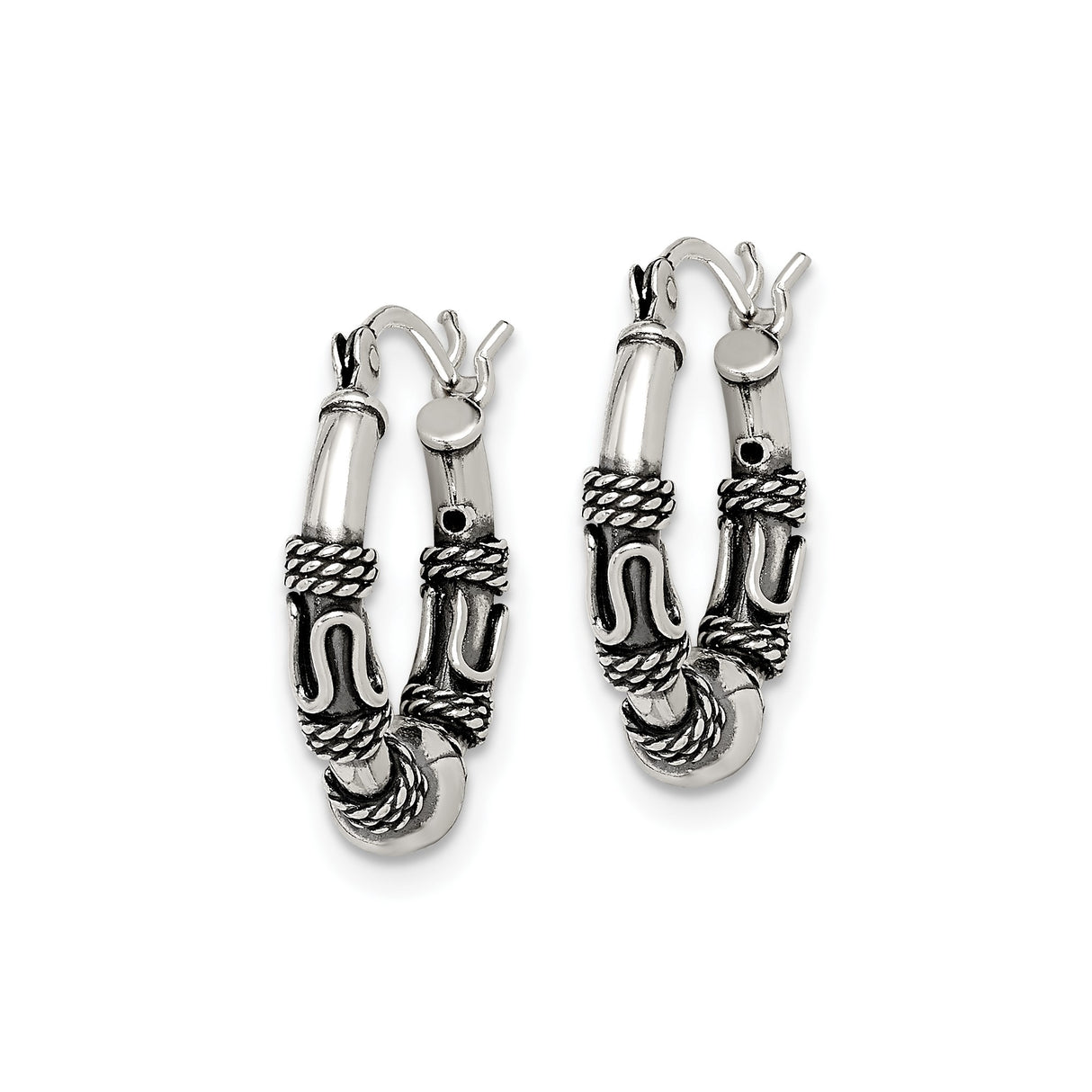Sterling Silver Hoop Earrings with Rope Detailing, Oxidized Finish, Tribal Boho Style