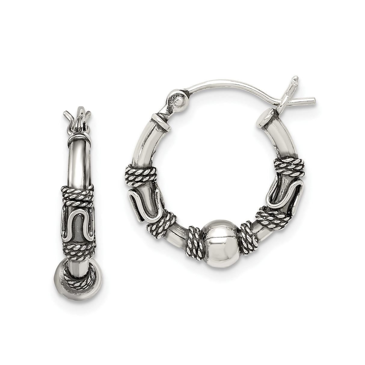 Sterling Silver Hoop Earrings with Rope Detailing, Oxidized Finish, Tribal Boho Style