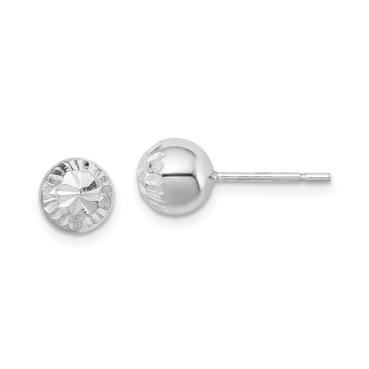 Sterling Silver Stud Earrings, 7mm Polished Ball with Faceted Floral Engraving