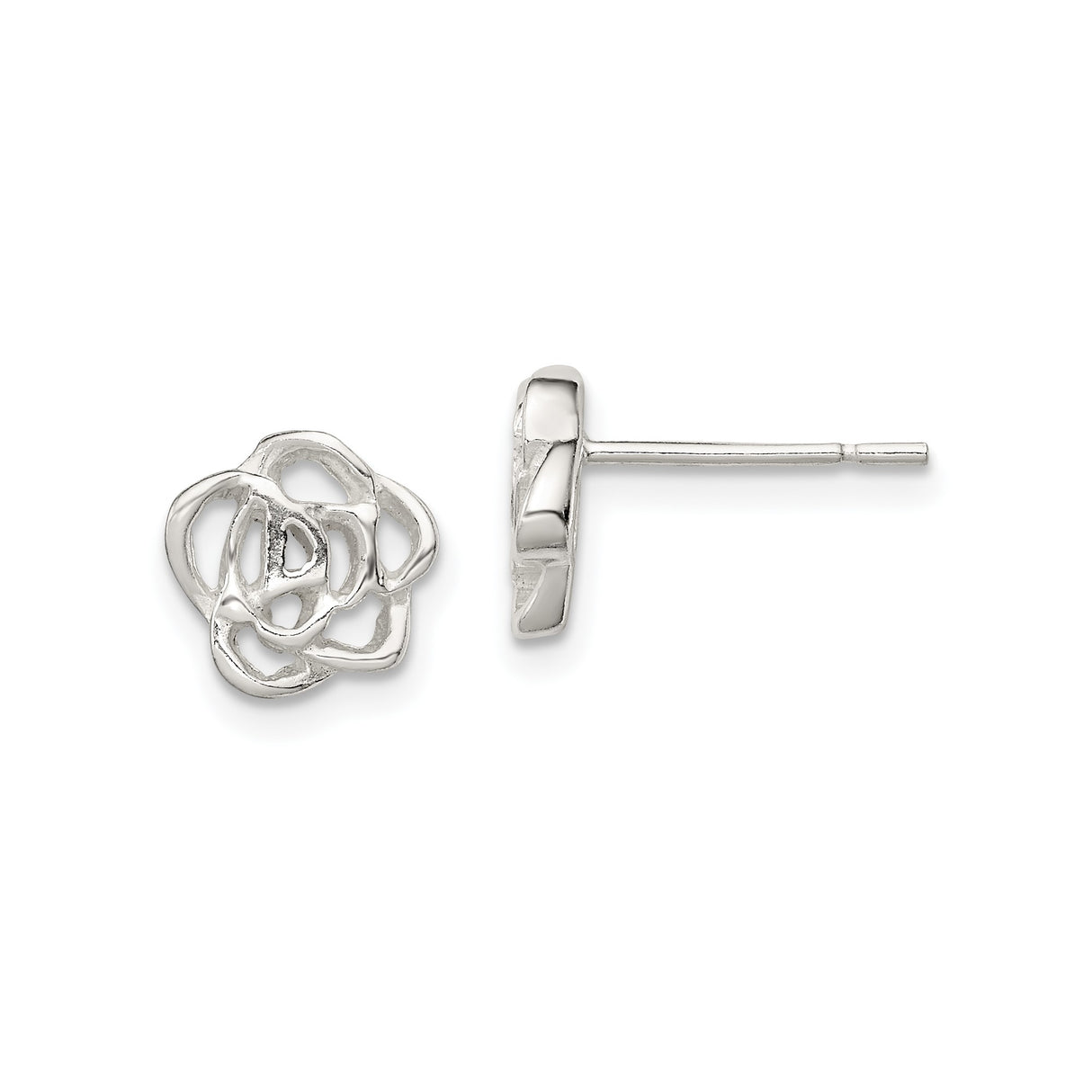 Sterling Silver Rose Stud Earrings with Openwork Floral Design, Romantic Petal Motif