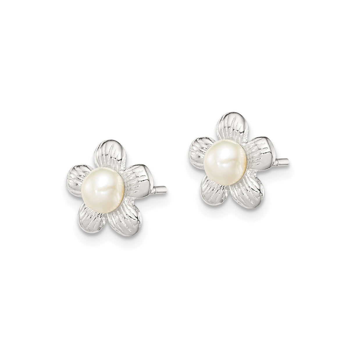 Sterling Silver Flower Stud Earrings with Simulated Pearl Center, Botanical Design for Women