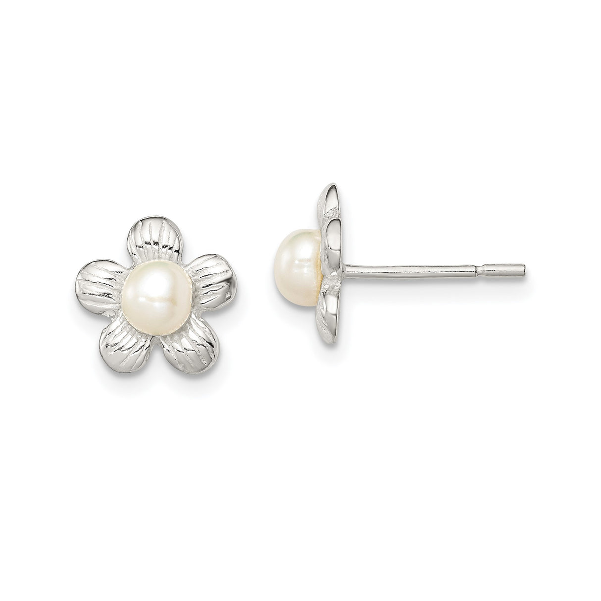 Sterling Silver Flower Stud Earrings with Simulated Pearl Center, Botanical Design for Women