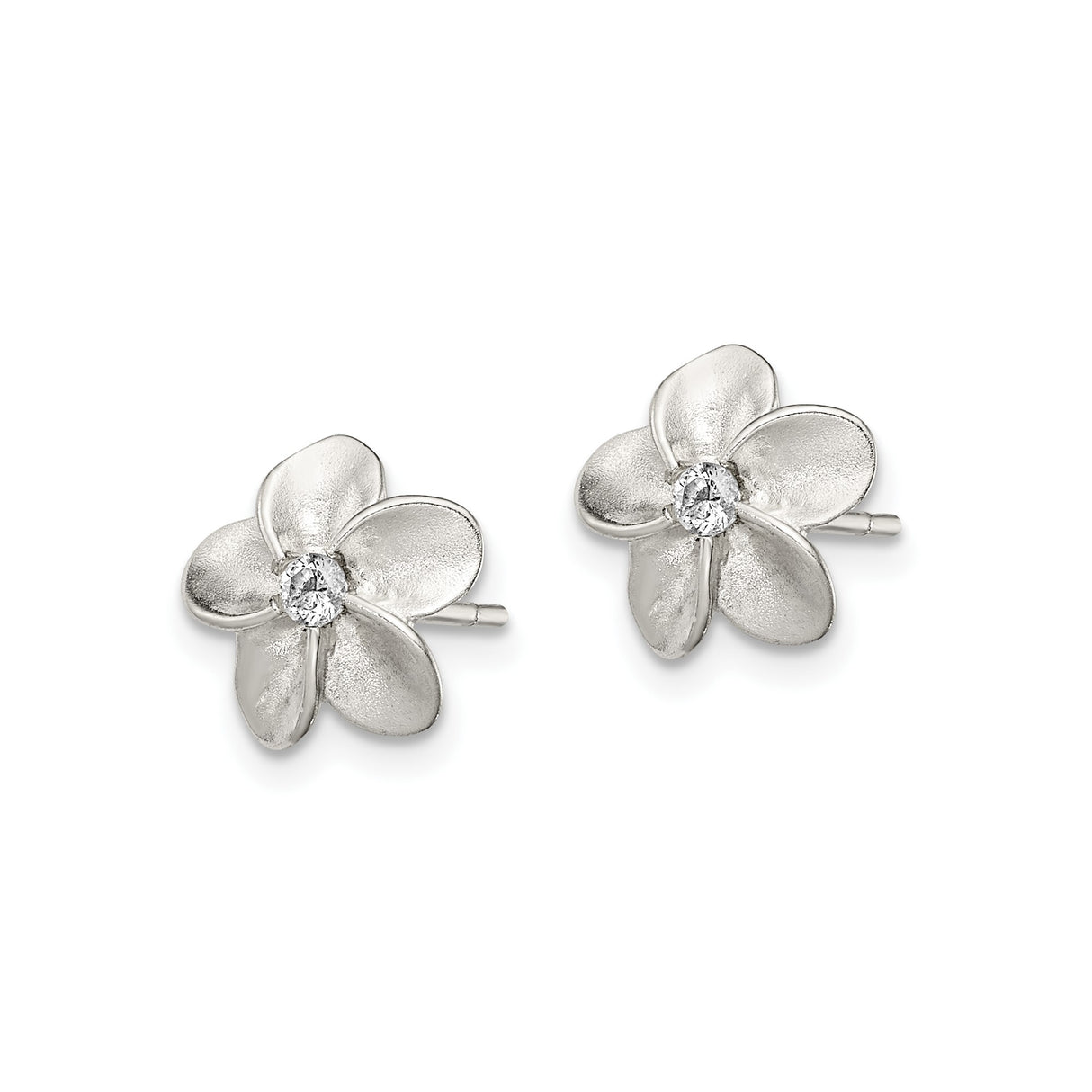 Sterling Silver Flower Stud Earrings with Cubic Zirconia Center, Five Petal Floral Design