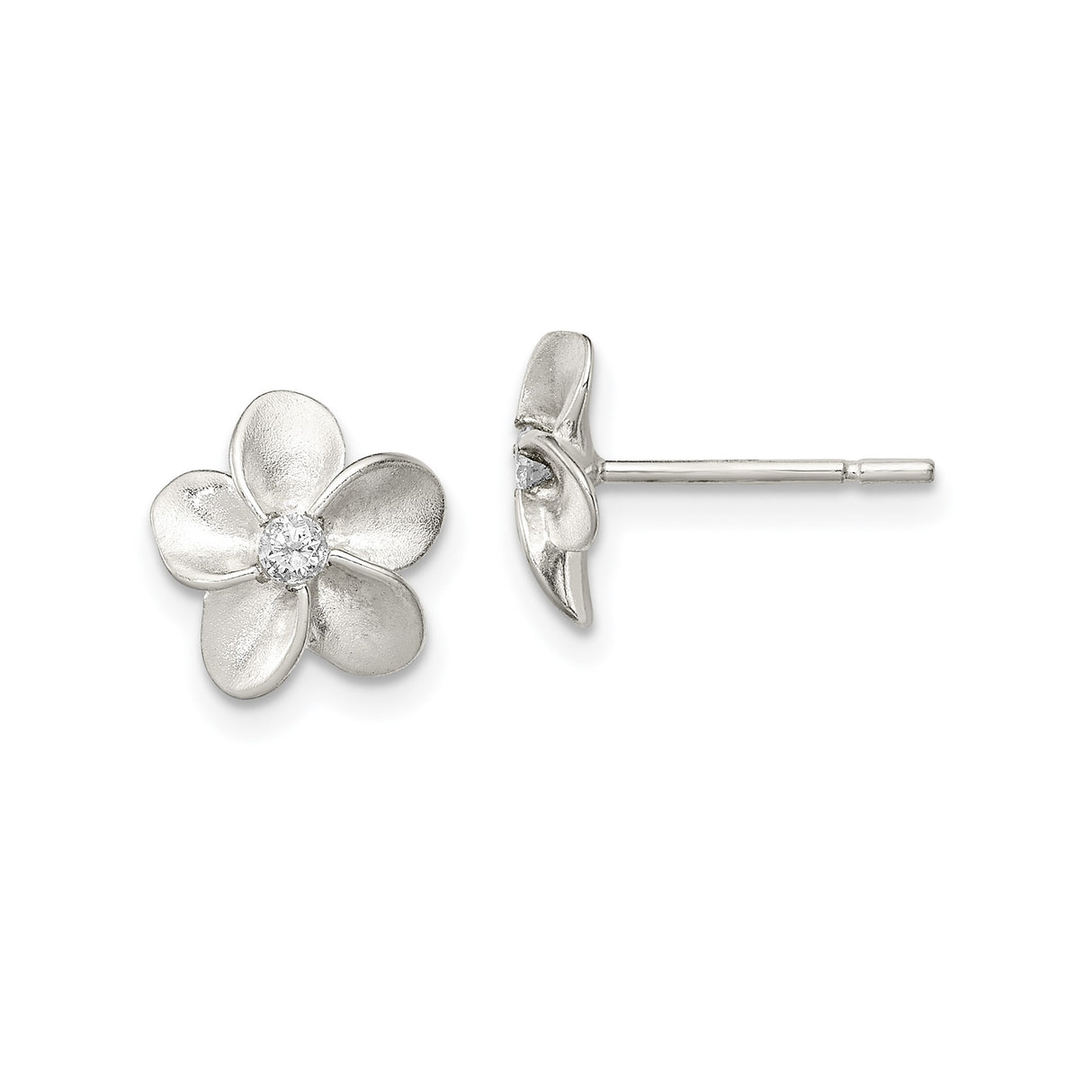 Sterling Silver Flower Stud Earrings with Cubic Zirconia Center, Five Petal Floral Design