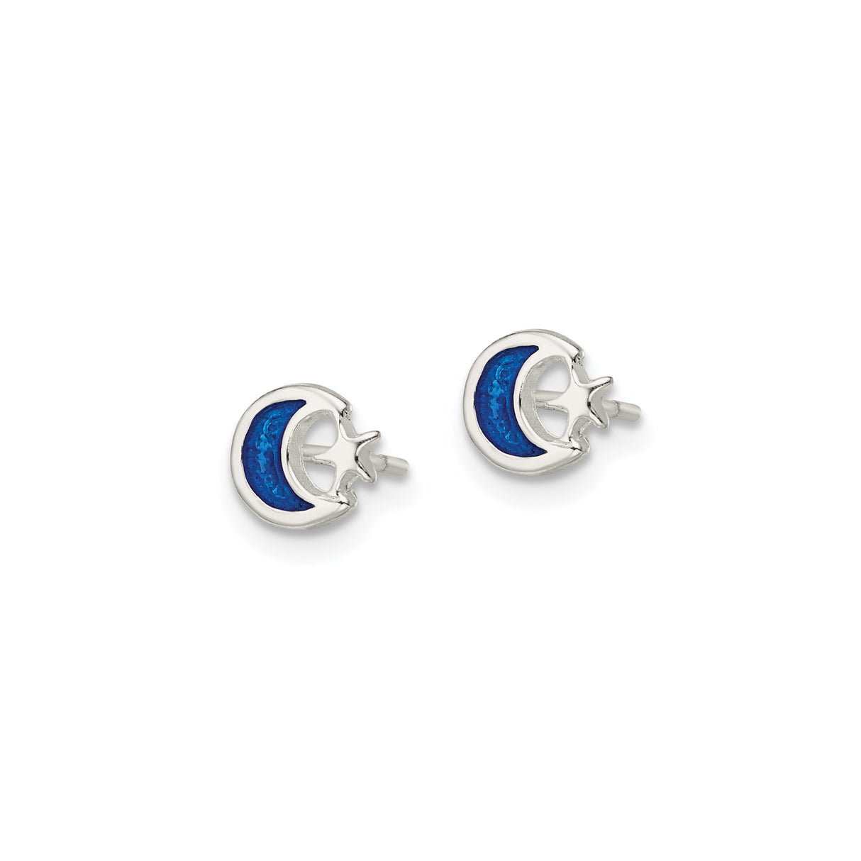 Sterling Silver Stud Earrings, Crescent Moon and Star Design with Blue Enamel Accent, Celestial Theme