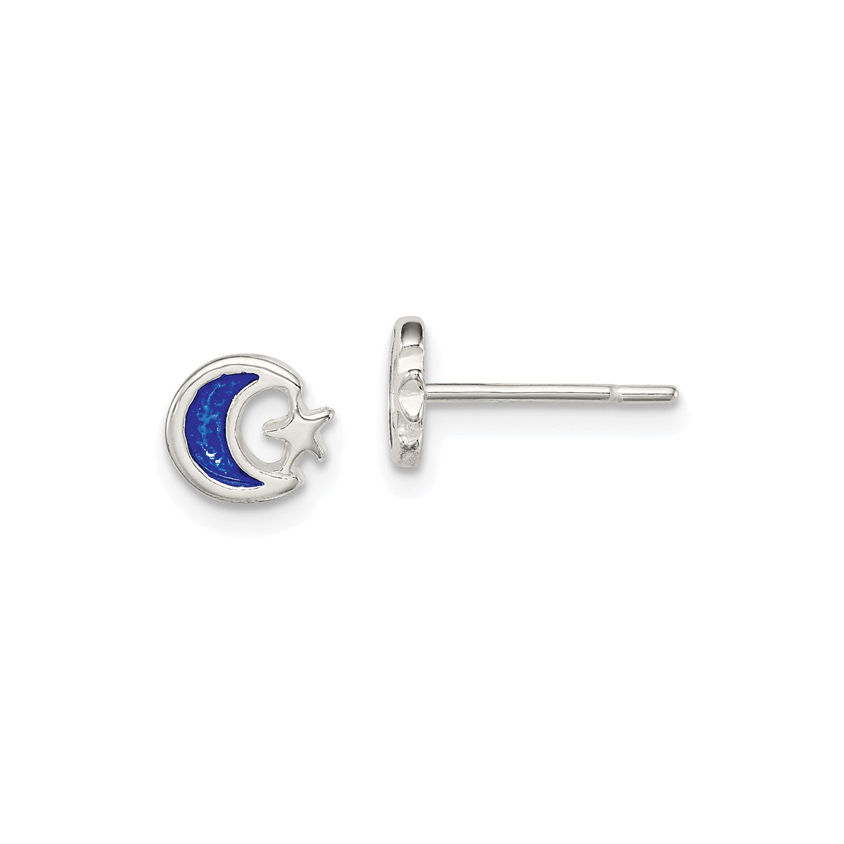 Sterling Silver Stud Earrings, Crescent Moon and Star Design with Blue Enamel Accent, Celestial Theme