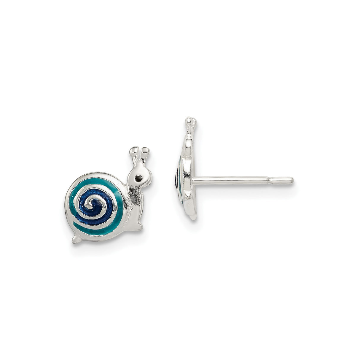 Sterling Silver Snail Stud Earrings with Teal Enamel Spiral Shell Design, Whimsical Animal Theme