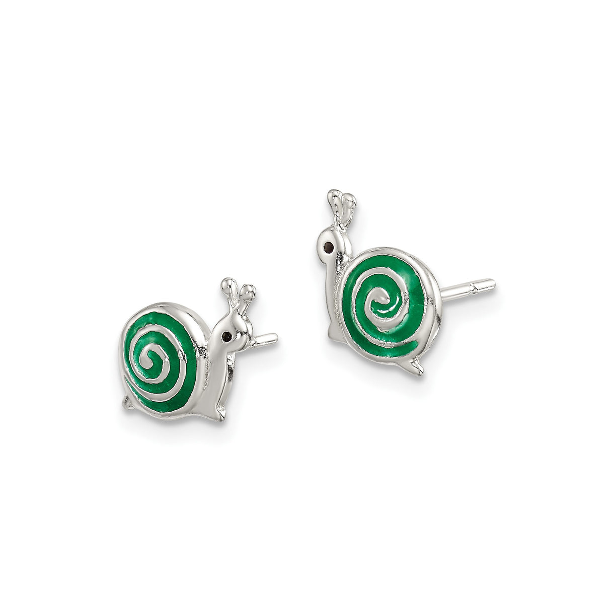 Sterling Silver Snail Stud Earrings with Green Spiral Shell Design, Whimsical Animal Theme Jewelry
