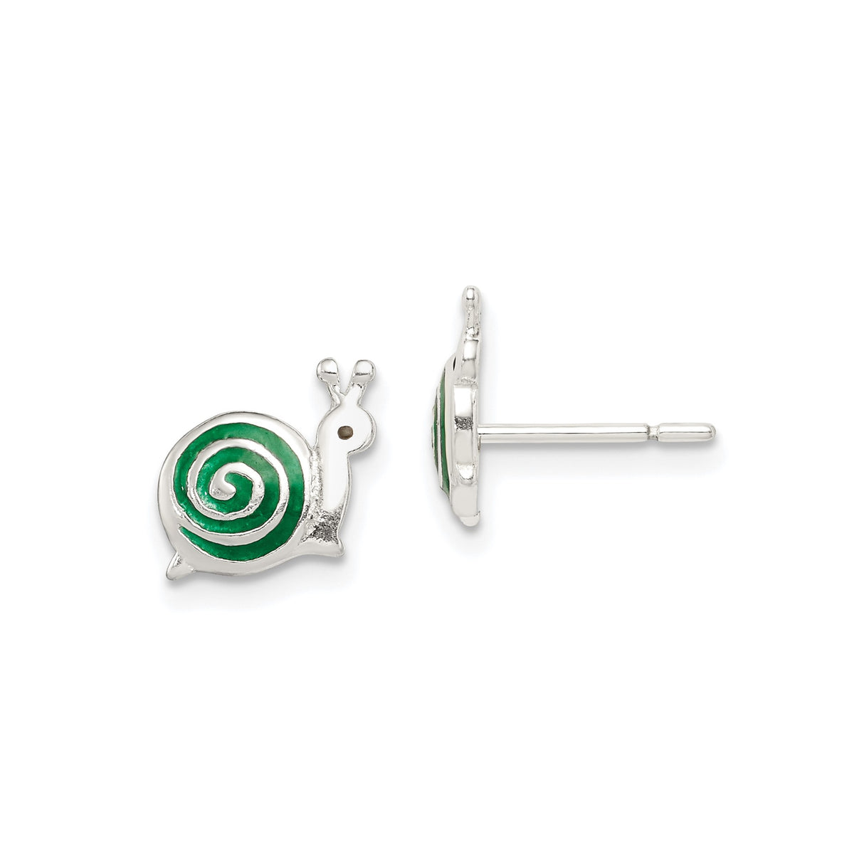 Sterling Silver Snail Stud Earrings with Green Spiral Shell Design, Whimsical Animal Theme Jewelry