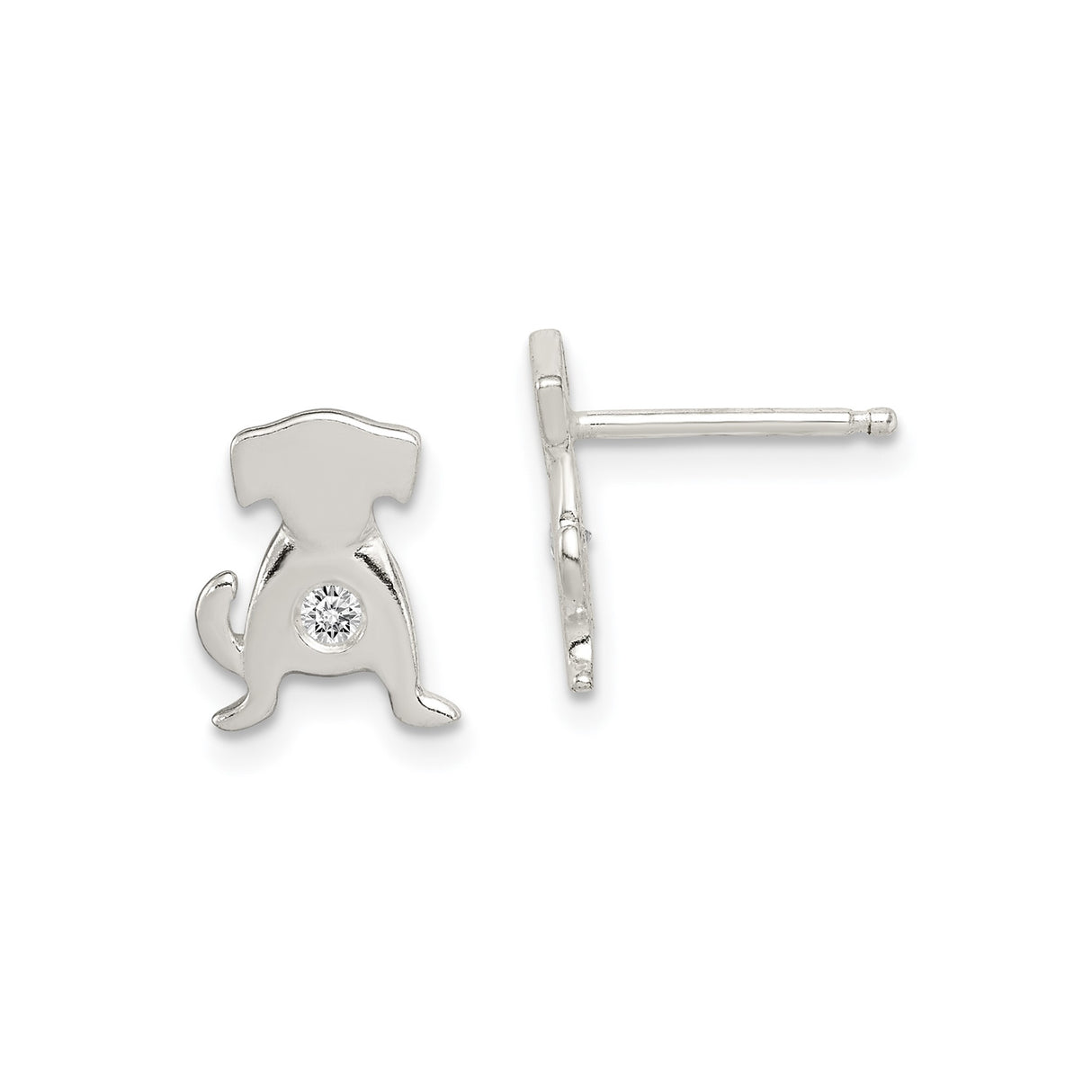 Sterling Silver Dog Shaped Stud Earrings with Cubic Zirconia, Puppy Silhouette Design