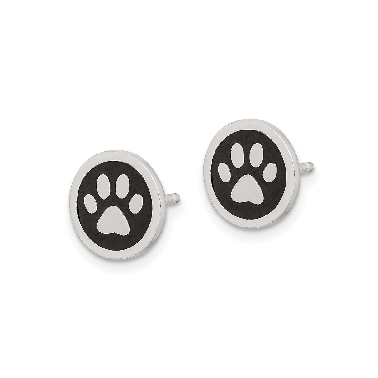 Sterling Silver Stud Earrings with Black Enamel Paw Print Design, Pet Lover Jewelry