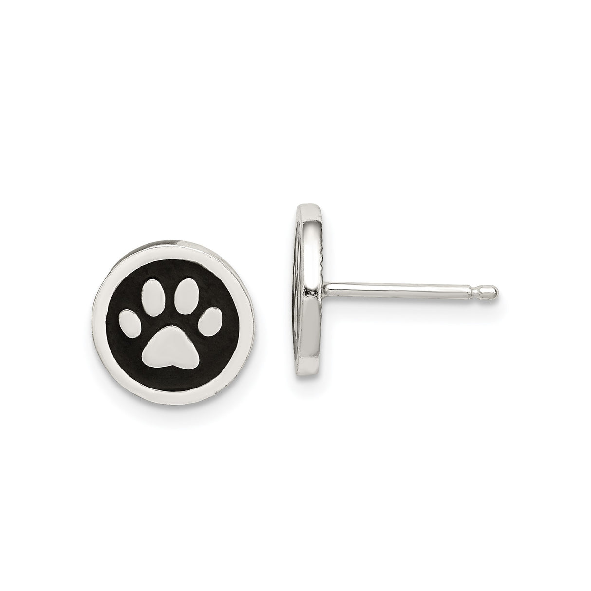 Sterling Silver Stud Earrings with Black Enamel Paw Print Design, Pet Lover Jewelry