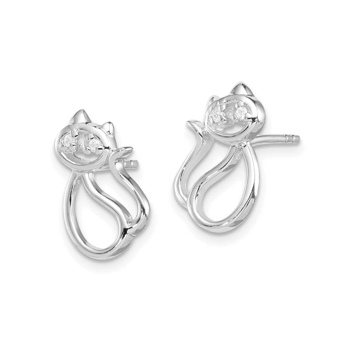 Sterling Silver Cat Stud Earrings with Cubic Zirconia Eyes, Openwork Design, Animal Theme