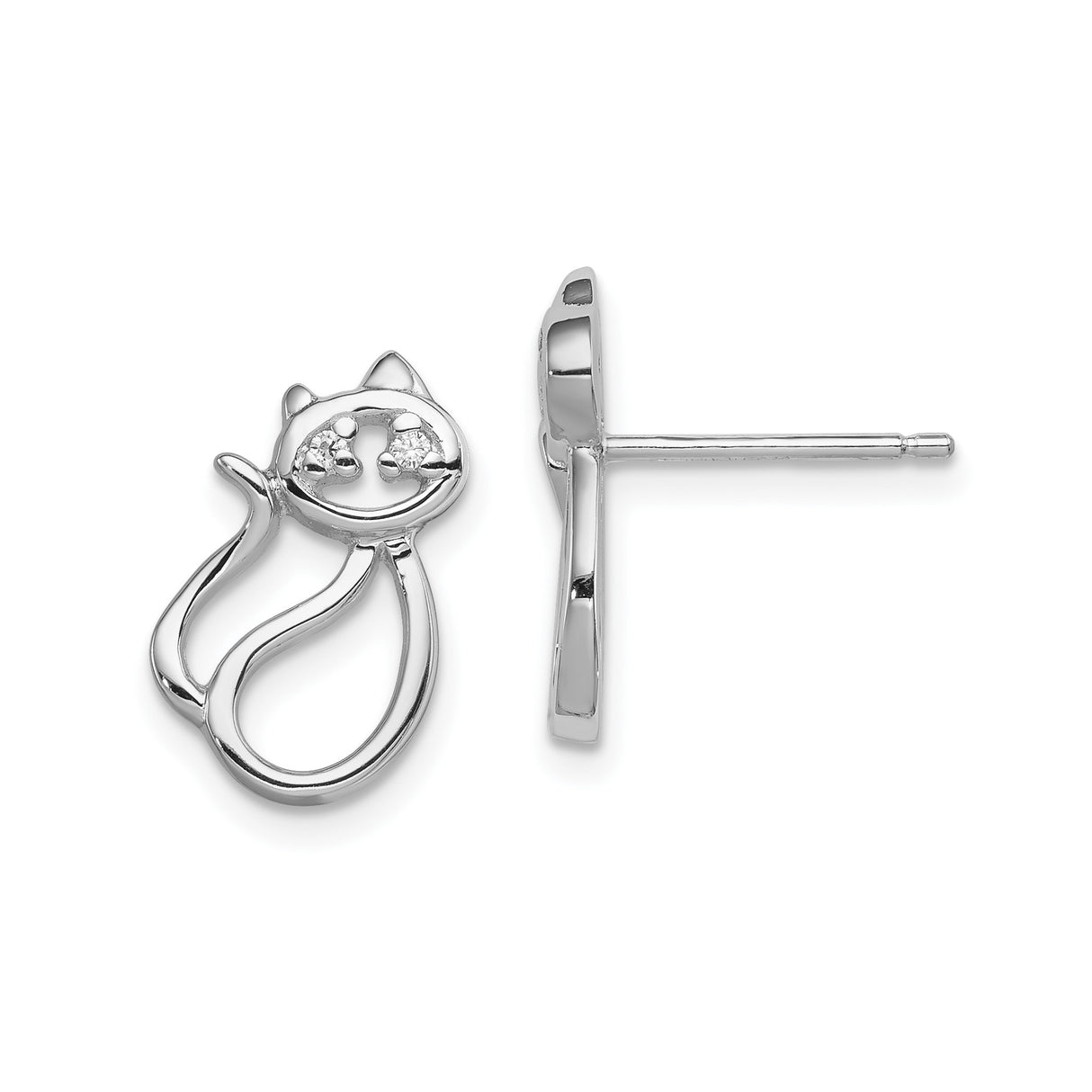 Sterling Silver Cat Stud Earrings with Cubic Zirconia Eyes, Openwork Design, Animal Theme