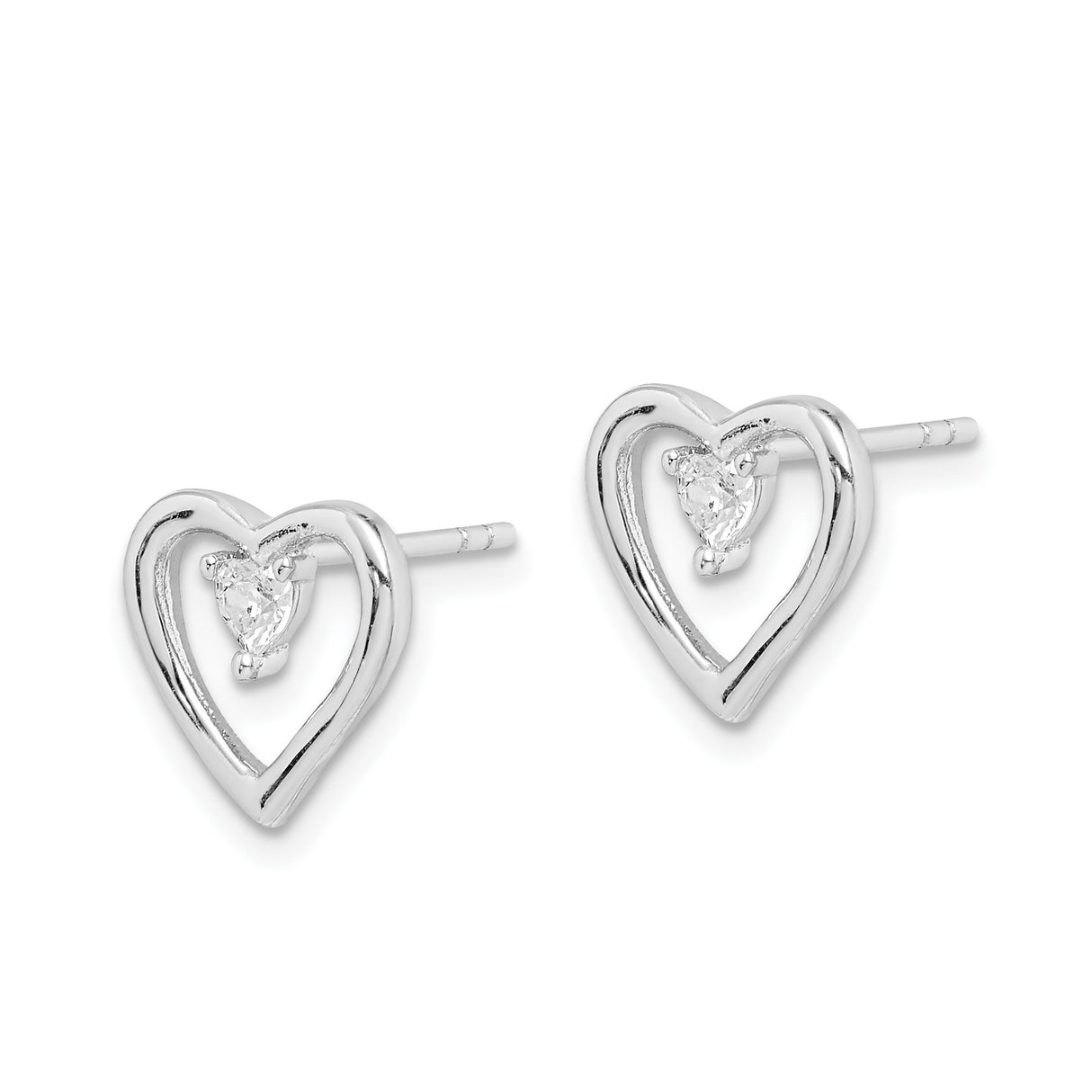 Sterling Silver Heart Stud Earrings with Open Outline and Cubic Zirconia Center
