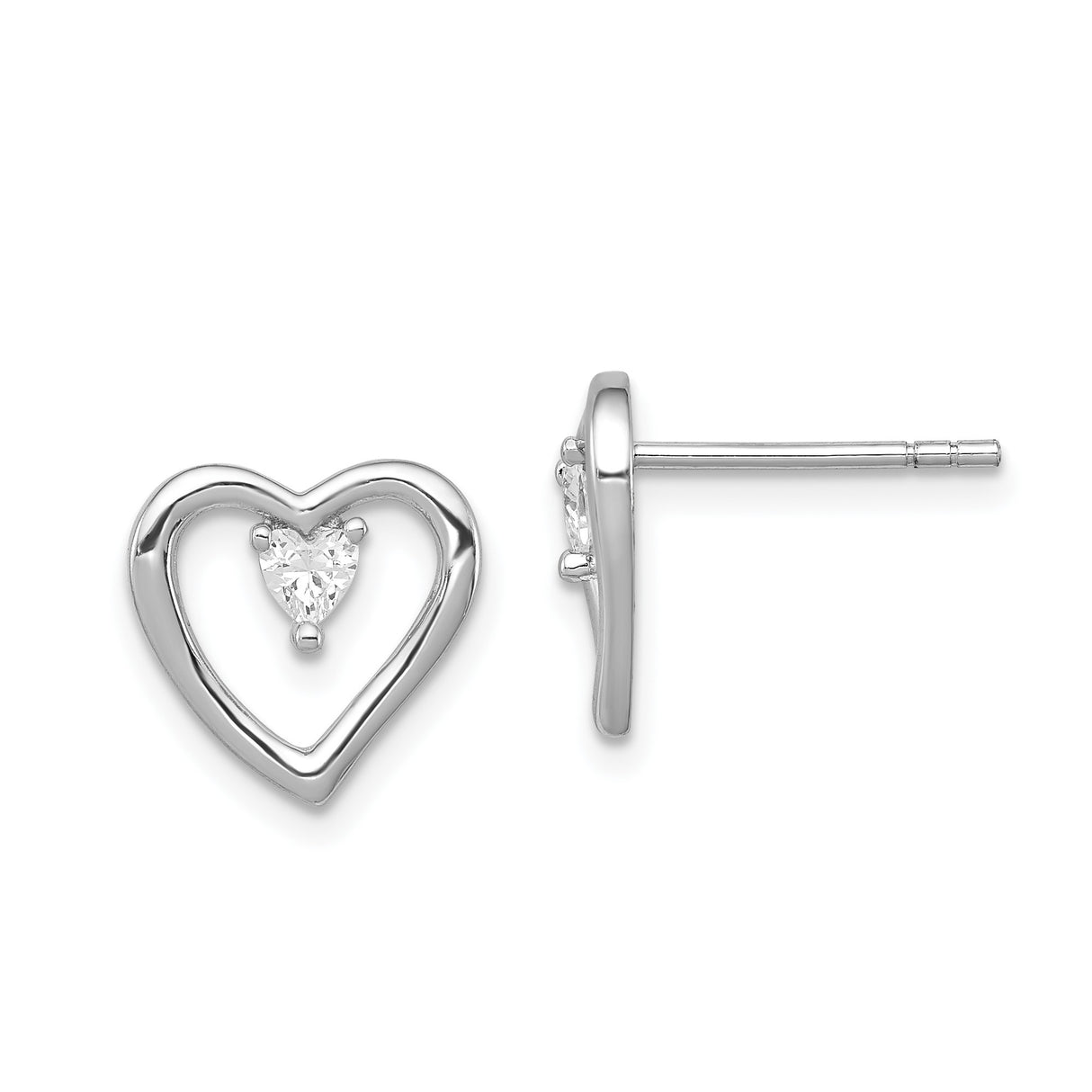 Sterling Silver Heart Stud Earrings with Open Outline and Cubic Zirconia Center