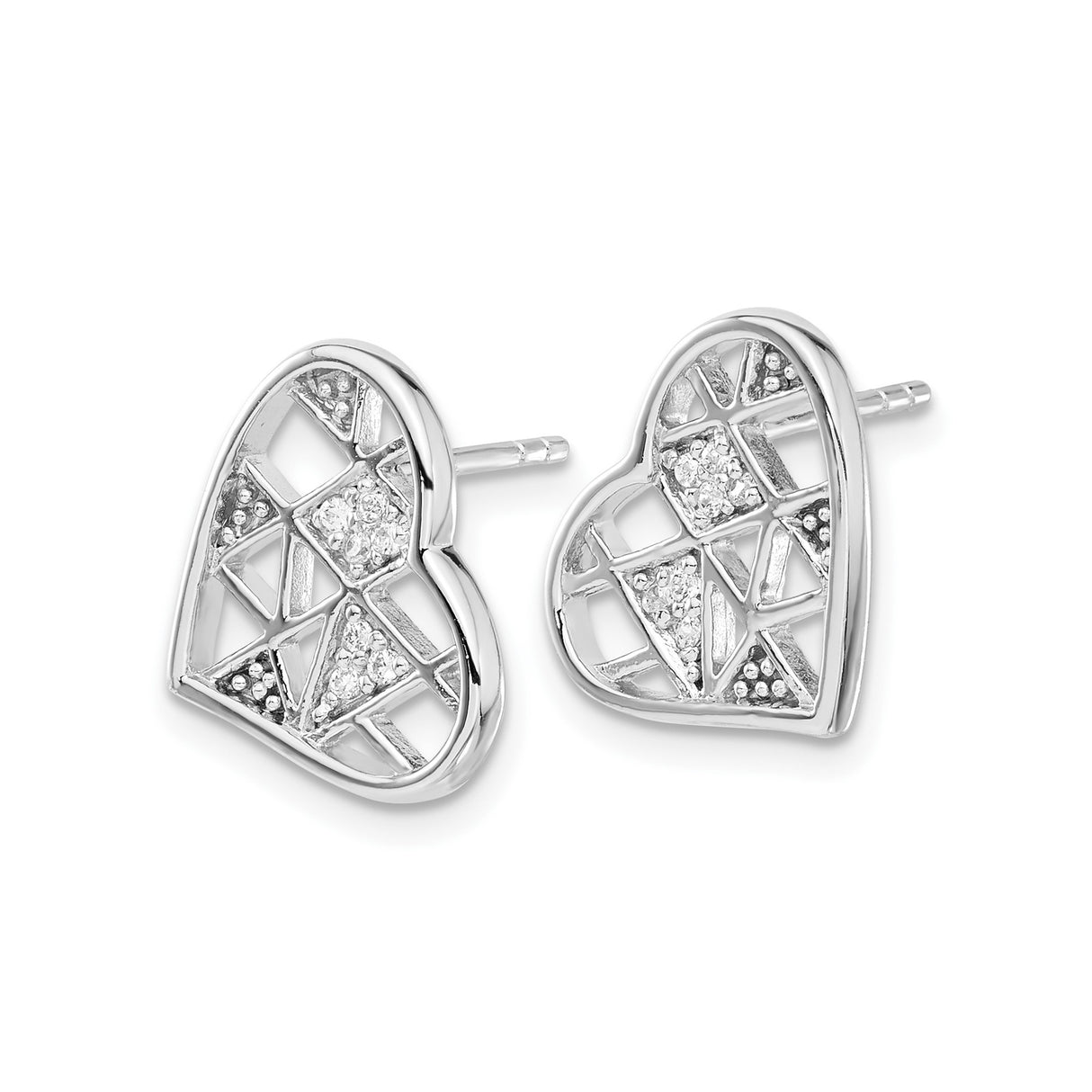 Sterling Silver Heart Shaped Stud Earrings with Cubic Zirconia and Lattice Design