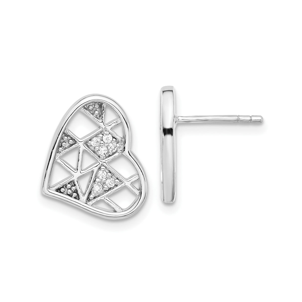 Sterling Silver Heart Shaped Stud Earrings with Cubic Zirconia and Lattice Design