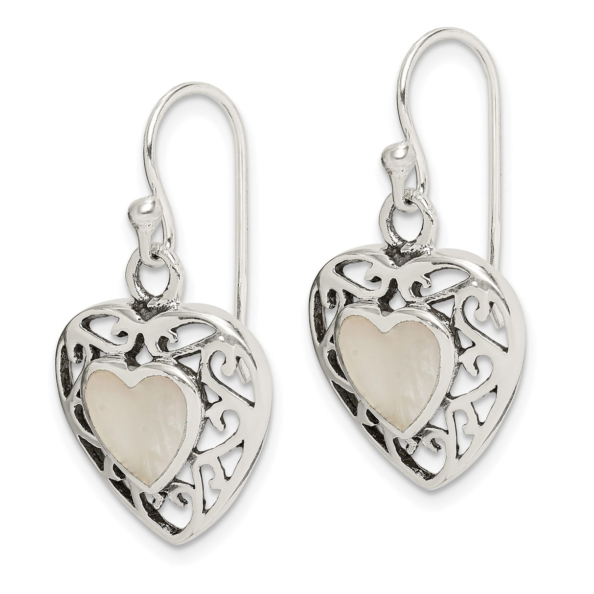 Sterling Silver Heart Drop Earrings with Mother of Pearl Inlay, Openwork Filigree Design