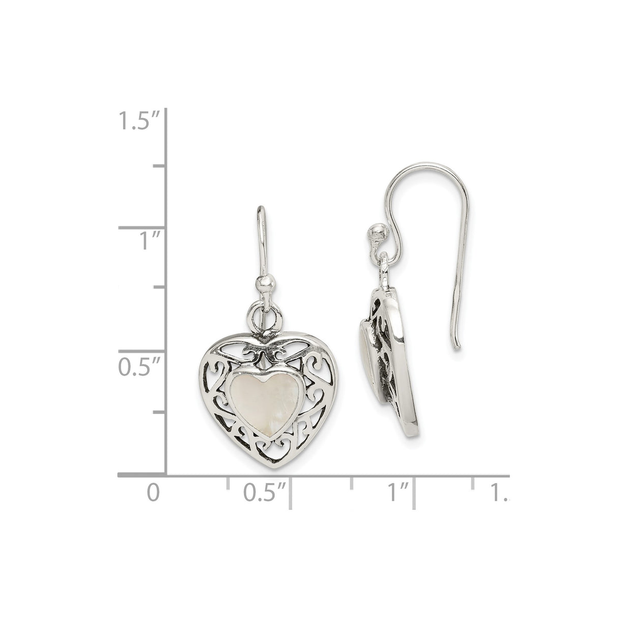 Sterling Silver Heart Drop Earrings with Mother of Pearl Inlay, Openwork Filigree Design
