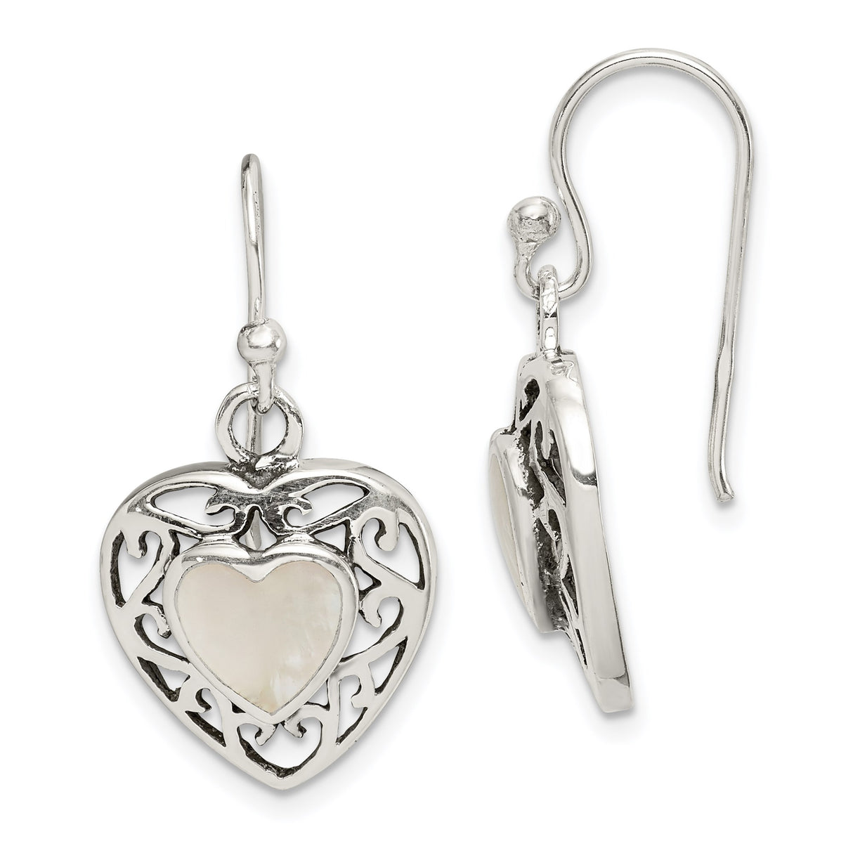 Sterling Silver Heart Drop Earrings with Mother of Pearl Inlay, Openwork Filigree Design