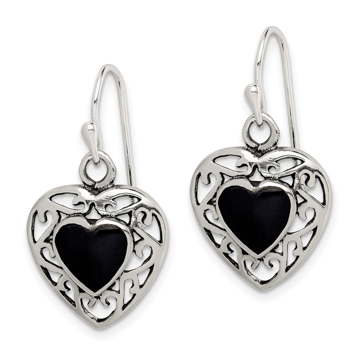 Sterling Silver Heart Dangle Earrings with Black Onyx and Celtic Knot Design
