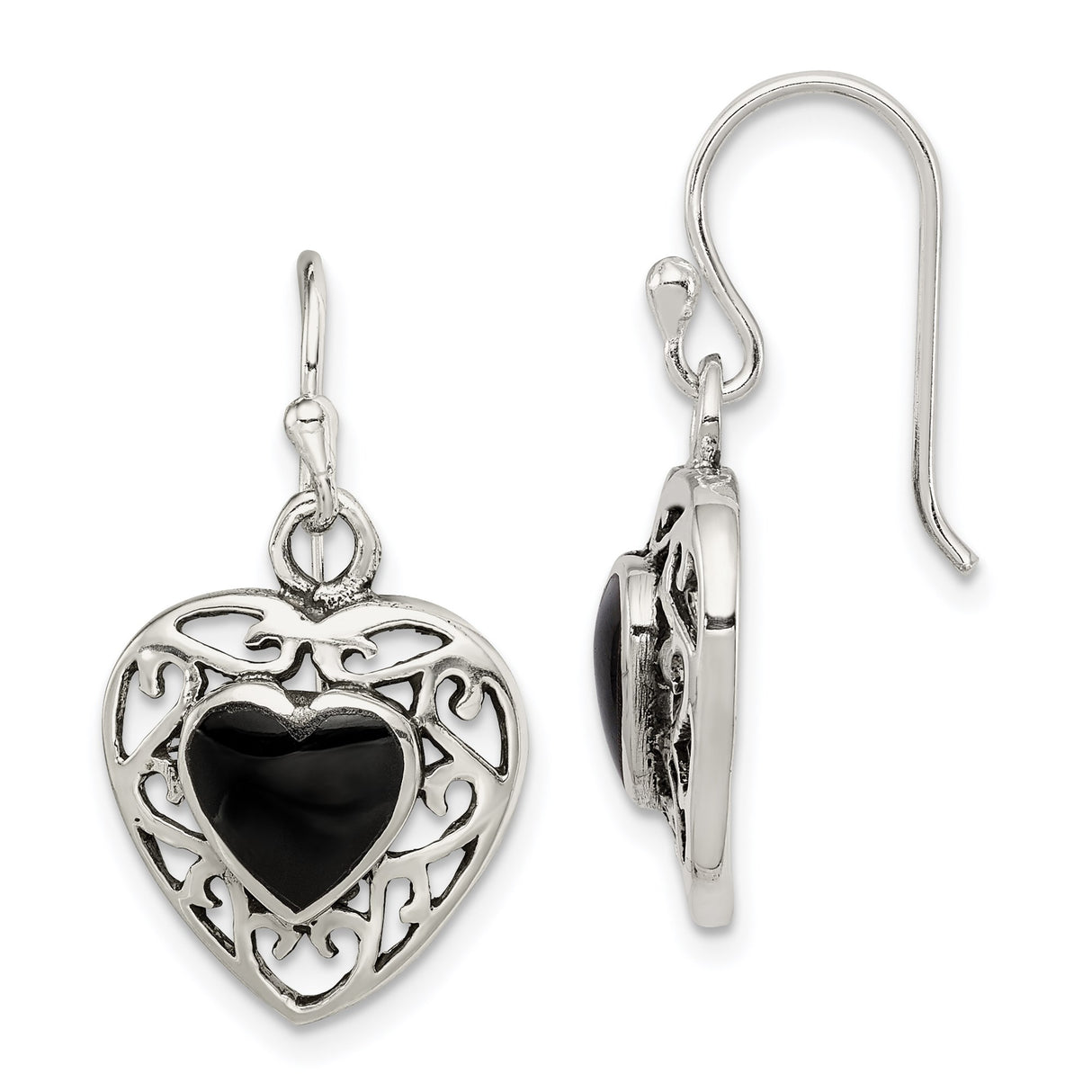 Sterling Silver Heart Dangle Earrings with Black Onyx and Celtic Knot Design