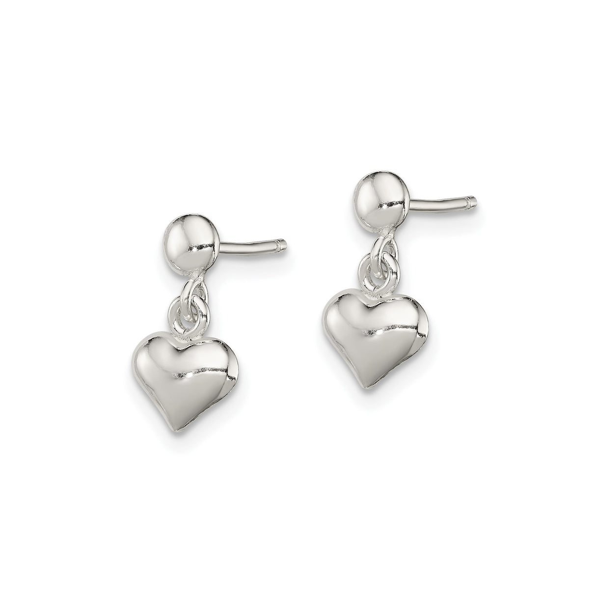 Sterling Silver Heart Dangle Earrings with Polished Puffed Charm, Romantic Minimalist Style