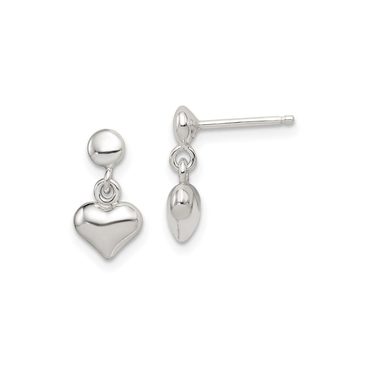 Sterling Silver Heart Dangle Earrings with Polished Puffed Charm, Romantic Minimalist Style