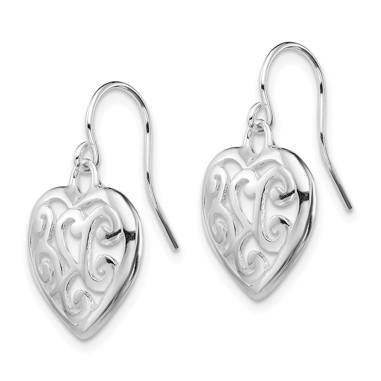 Sterling Silver Heart Dangle Earrings with Openwork Filigree Scroll Design for Women