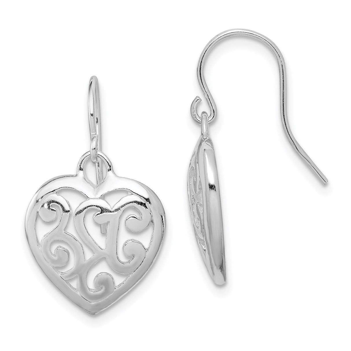 Sterling Silver Heart Dangle Earrings with Openwork Filigree Scroll Design for Women