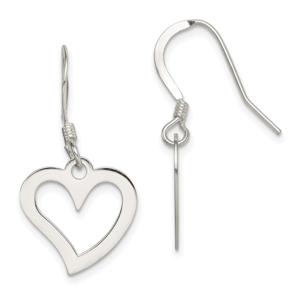 Sterling Silver Dangle Earrings with Open Heart Cutout, French Hook Design for Women