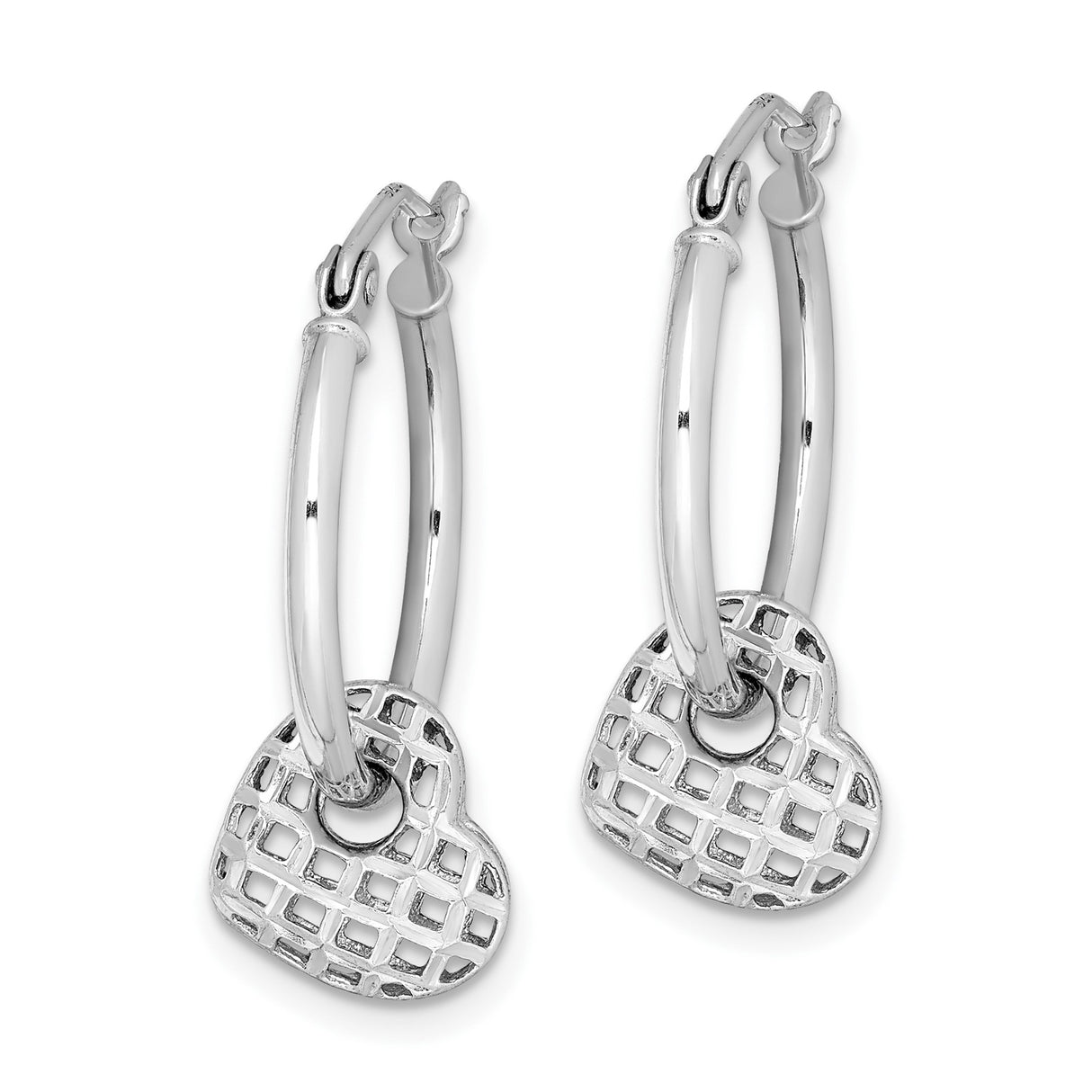 Sterling Silver Hoop Earrings with Lattice Open Heart Charms for Women