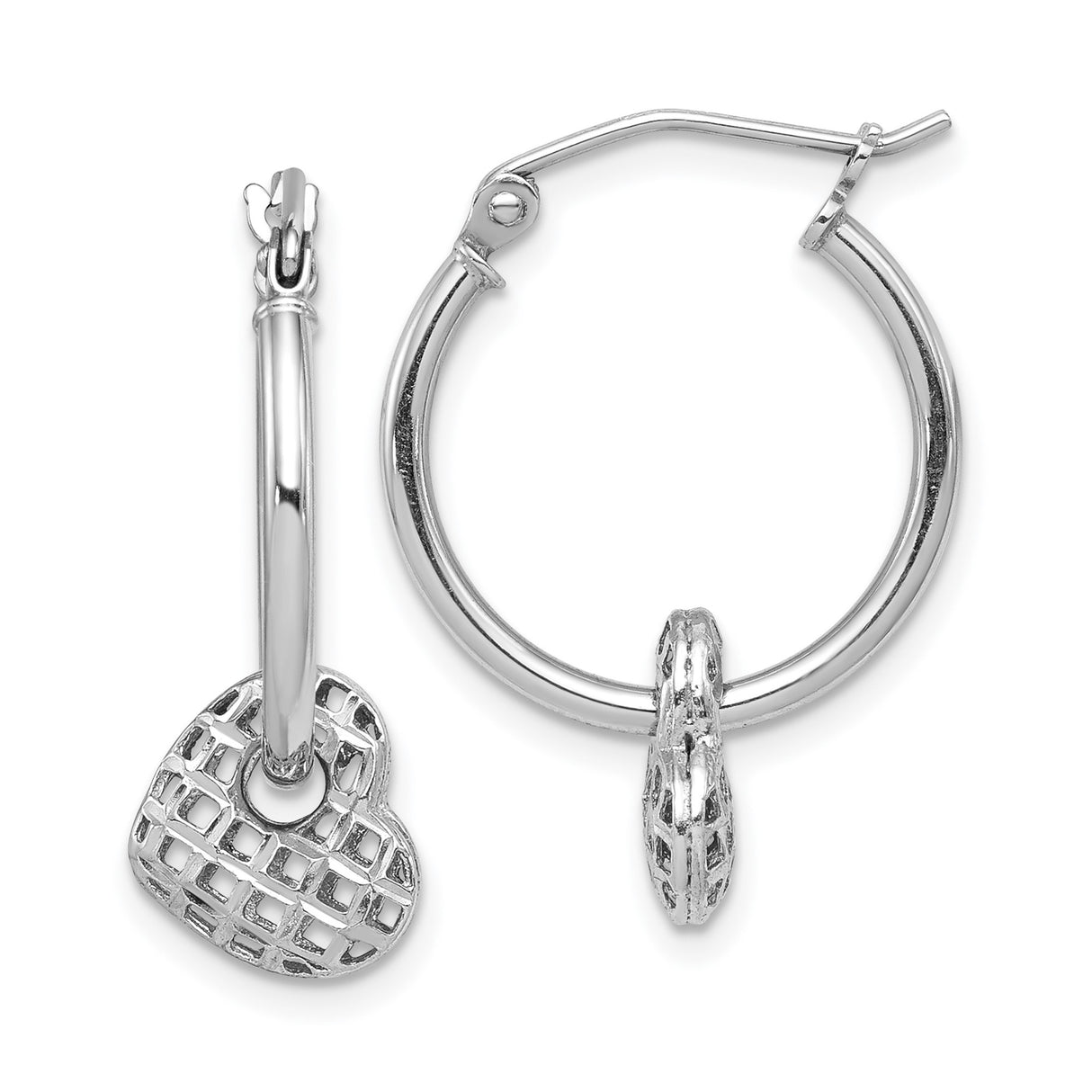 Sterling Silver Hoop Earrings with Lattice Open Heart Charms for Women