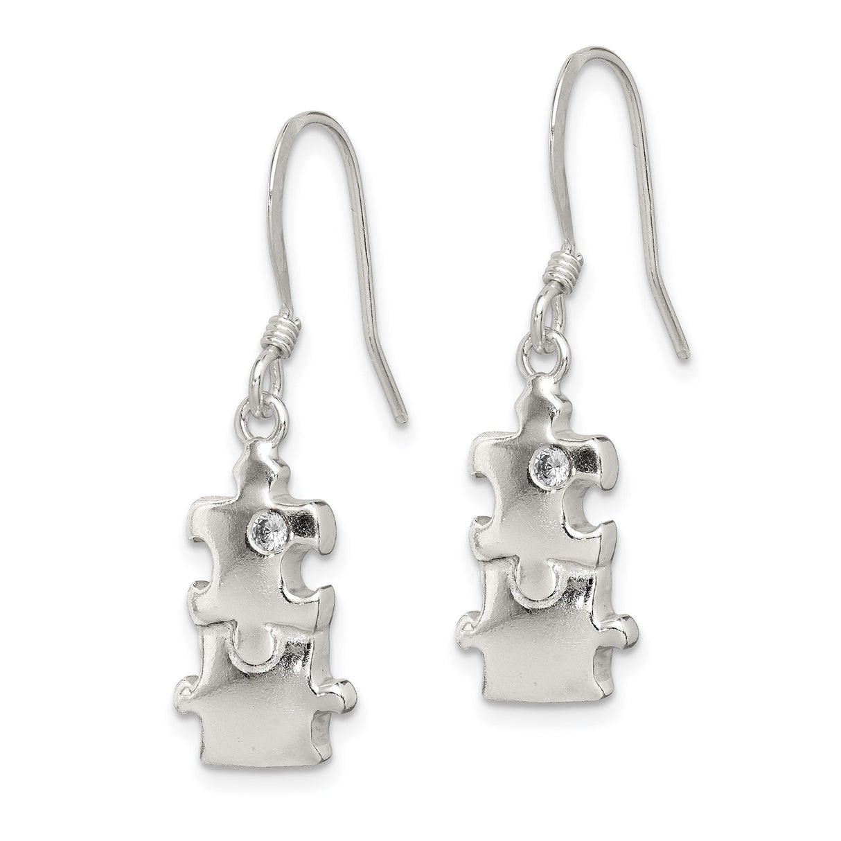 Sterling Silver Puzzle Piece Dangle Earrings with Cubic Zirconia, Autism Awareness Design
