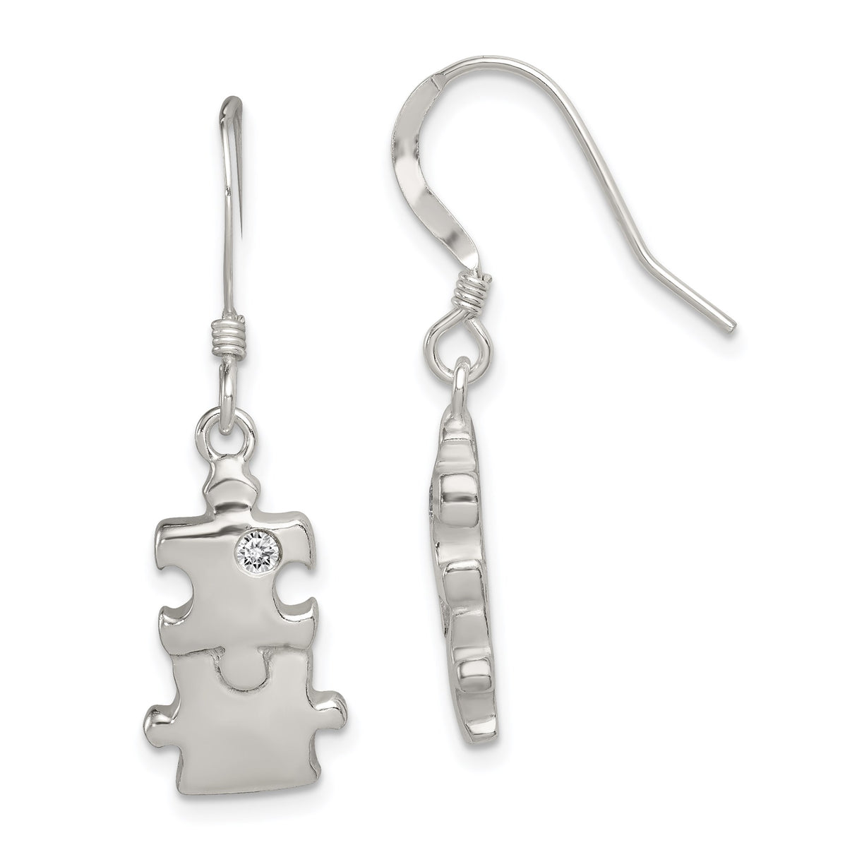 Sterling Silver Puzzle Piece Dangle Earrings with Cubic Zirconia, Autism Awareness Design