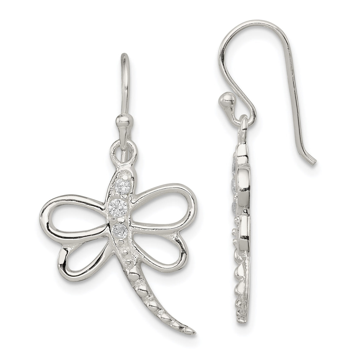 Sterling Silver Dragonfly Dangle Earrings with Cubic Zirconia and Open Wing Design